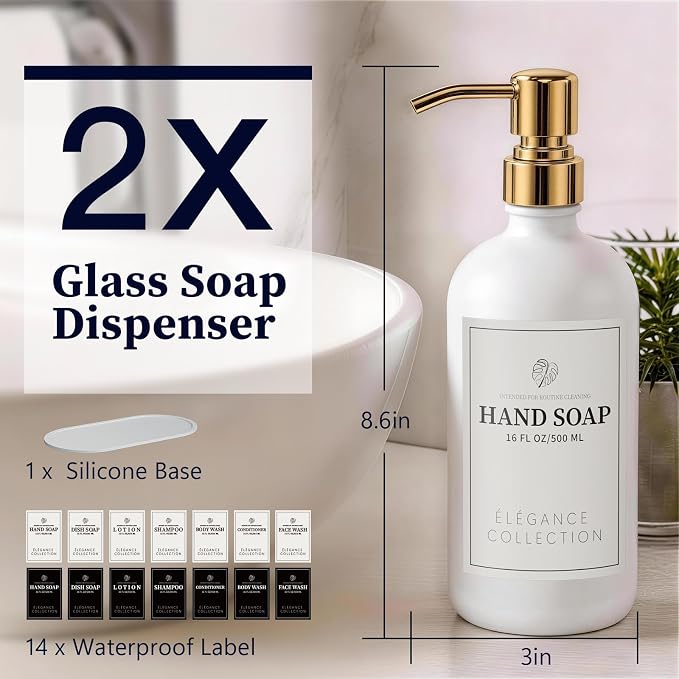 White Glass Soap Dispenser Set of 2, 16oz Hand and Dish Soap Dispenser - Image 8
