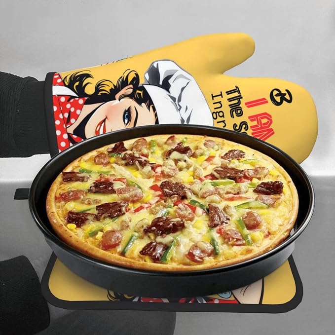 Cute Yellow Retro Chef Humorous Oven Mitts & Pot Holders Set of 3, Heat - Image 4