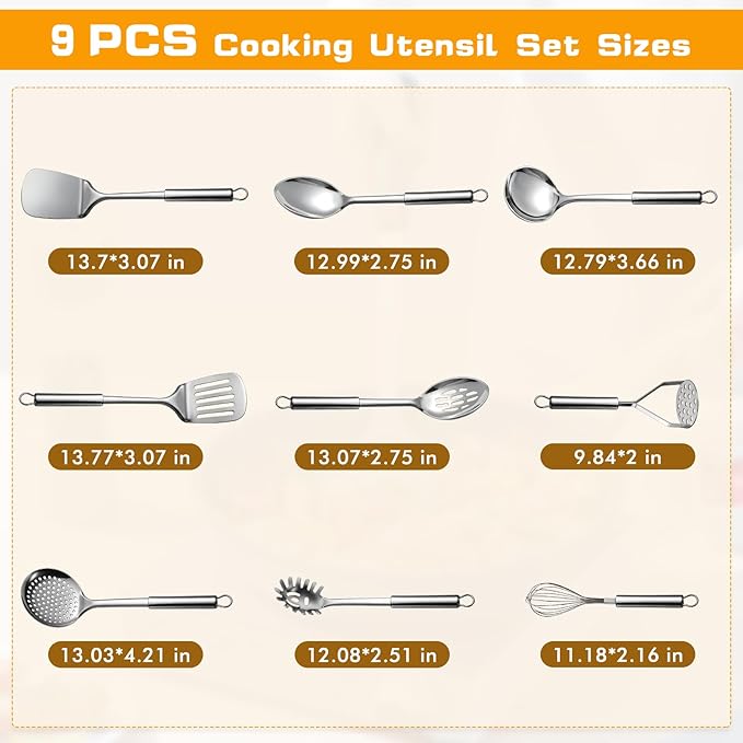 9 Pcs Cooking Utensils Set, Stainless Steel Kitchen Utensils, Heat Resistant - Image 7