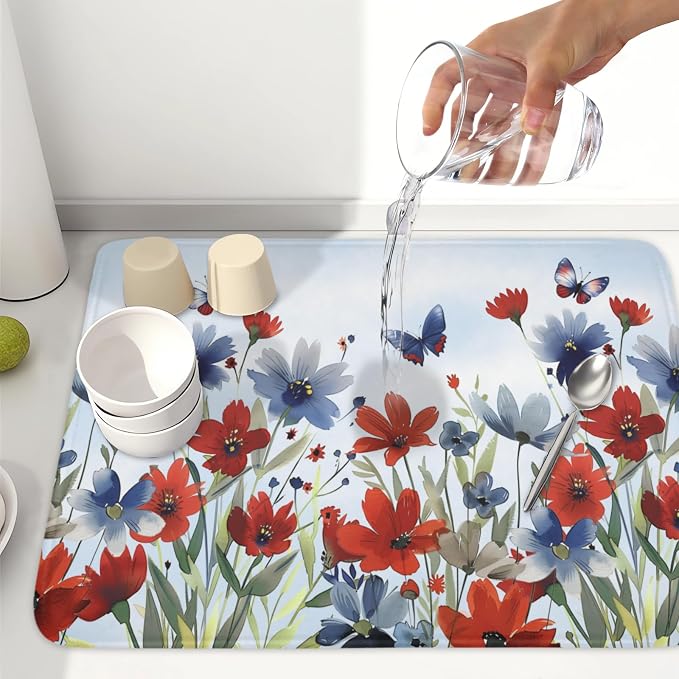 4th of July Dish Drying Mat for Kitchen Counter 18 x 24 Inch Patriotic Floral - Image 6