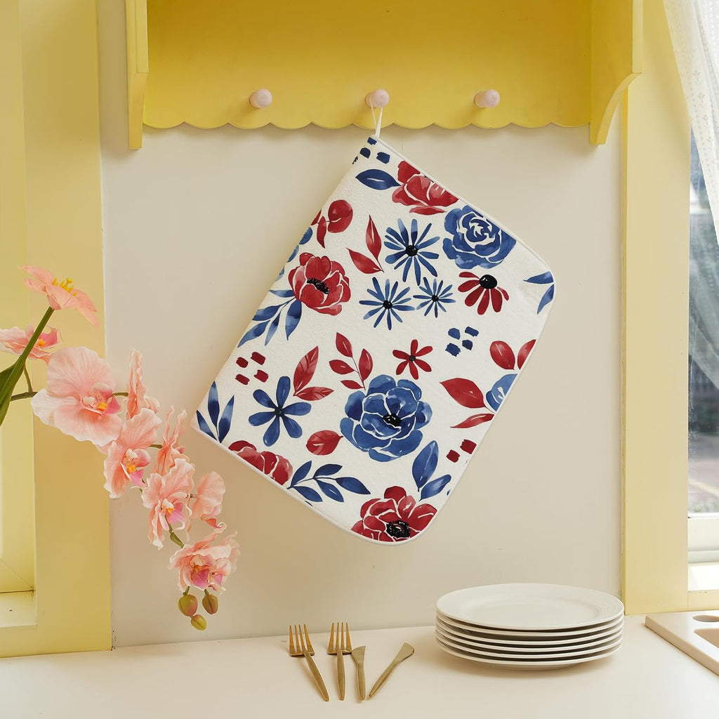 Red Blue Floral Dish Drying Mat 18x24 Inch Vintage 4th of July Drying