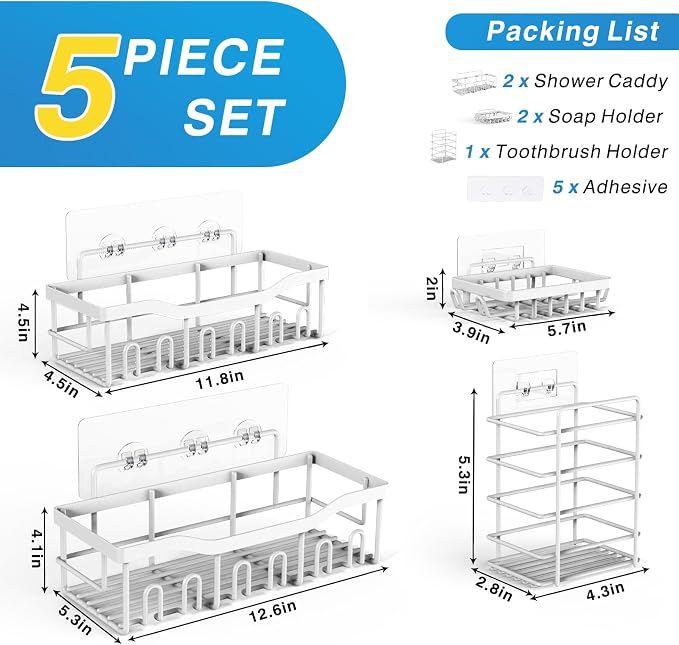 EUDELE 5-Pack Rustproof Stainless Steel Shower Caddy Set– No Drill Adhesive - Image 7