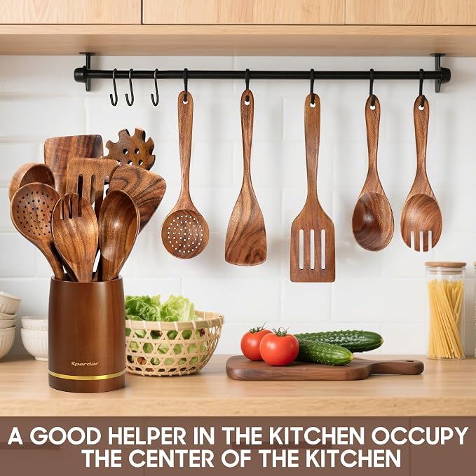 Spardar Wooden Kitchen Utensils, 12 Piece Set Wooden Spoon Set - Image 5