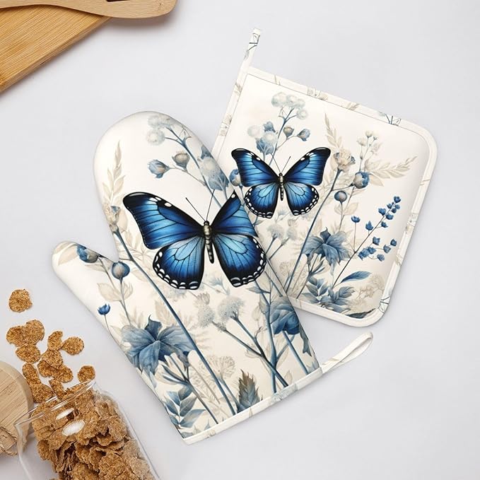 Oven Mitts and Pot Holders Butterfly Blue Flower Boho Silicone Kitchen - Image 6