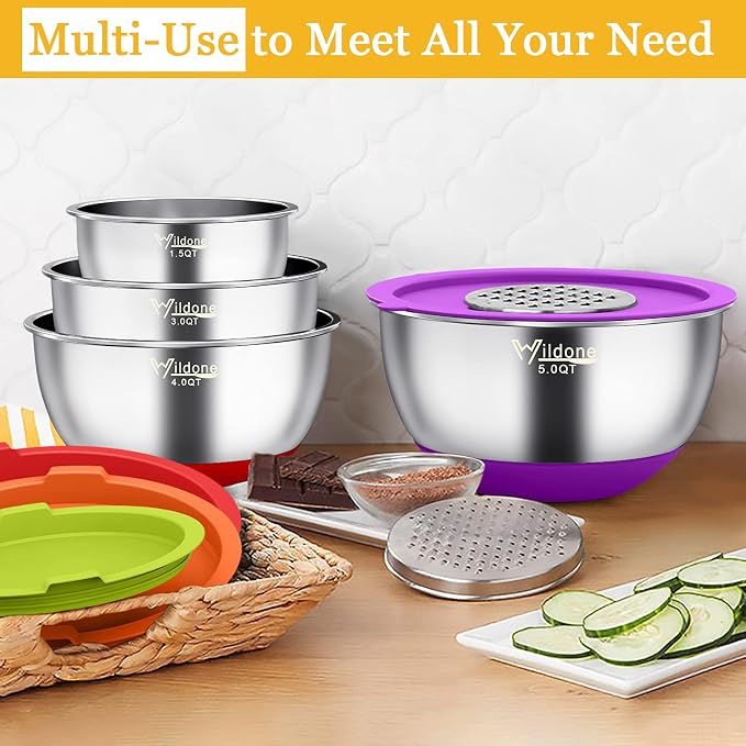 Wildone Mixing Bowls with Airtight Lids, 3 Grater Attachments, Measurement - Image 5