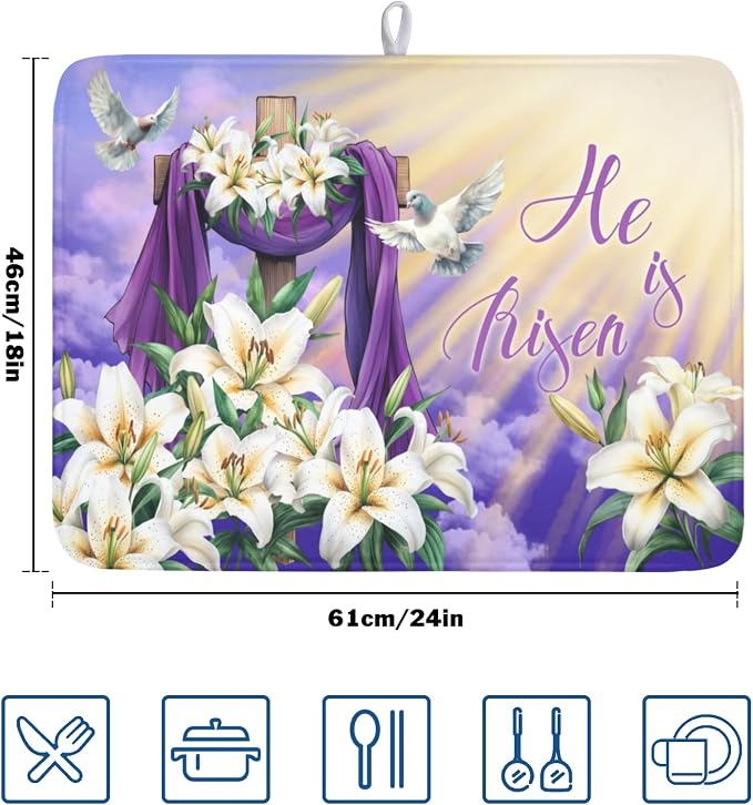 Easter Dish Drying Mat for Kitchen Counter He is Risen Cross Floral Purple - Image 2