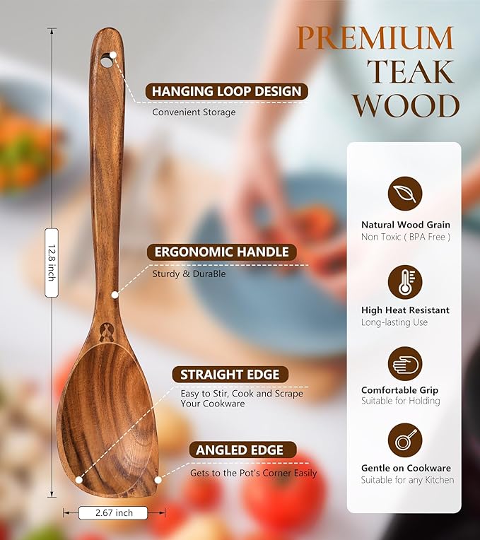 Wooden Spoons for Cooking, Natural Premium Teak Wood Corner Spoon, Good Grip - Image 2