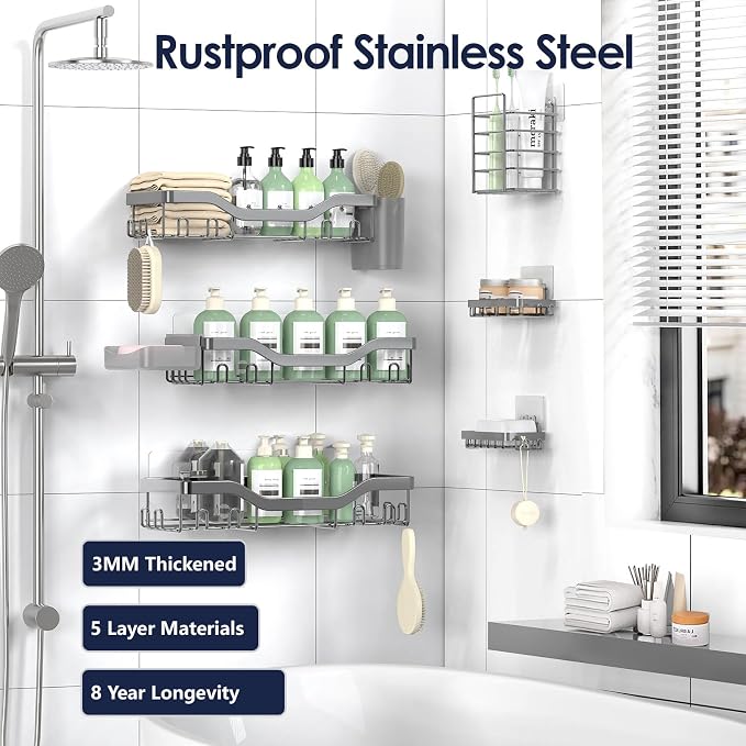 NESOMI Shower Caddy Adhesive Shower Organizer 8-Pack, Rustproof Stainless Steel - Image 5
