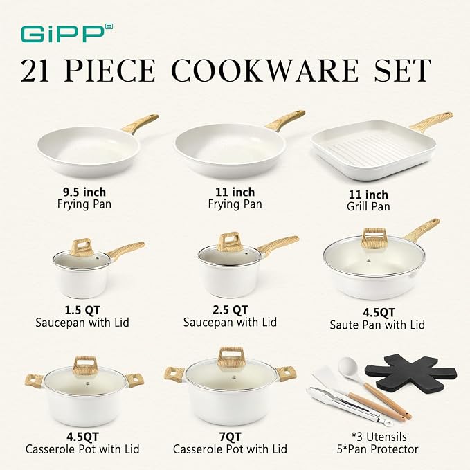 GiPP 21Psc Pots and Pans Set Non Stick White Granite Kitchen Cookware Sets - Image 2
