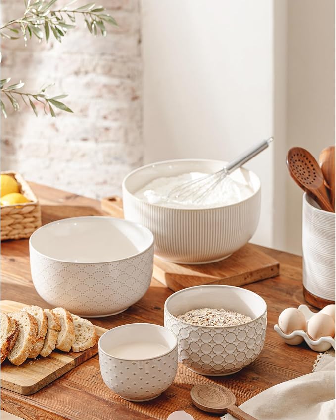 Mikiegy Ceramic Mixing Bowls Set of 4, Nesting Ceramic Embossment Stoneware - Image 2