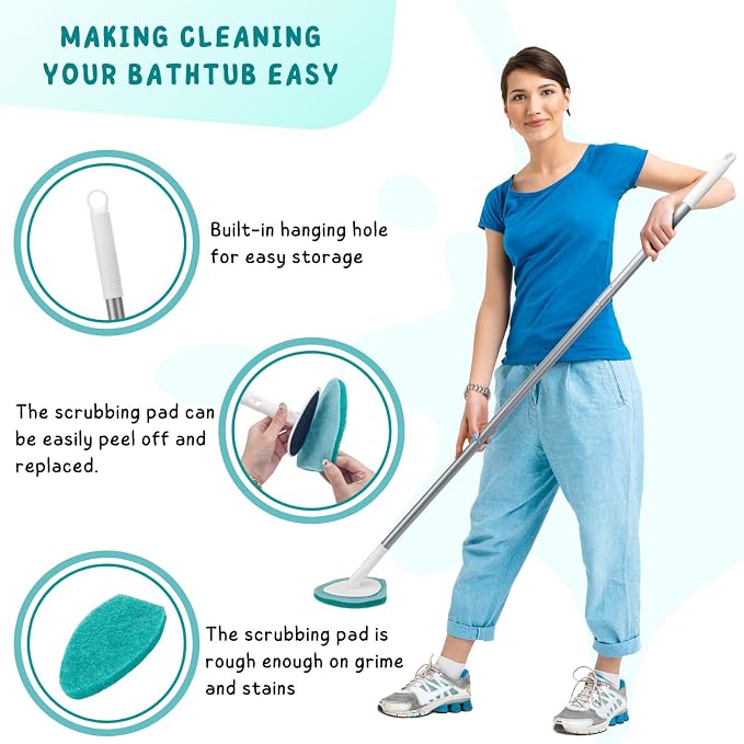 Shower Scrubber with Long Handle, Bathroom Tub and Tile Cleaning Tool with 6 - Image 2