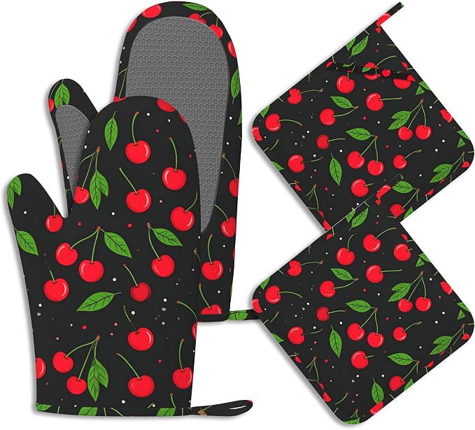 Oven Mitts and Pot Holders Sets Red Black Cherry Silicone Kitchen Mits by BIGXIUKA