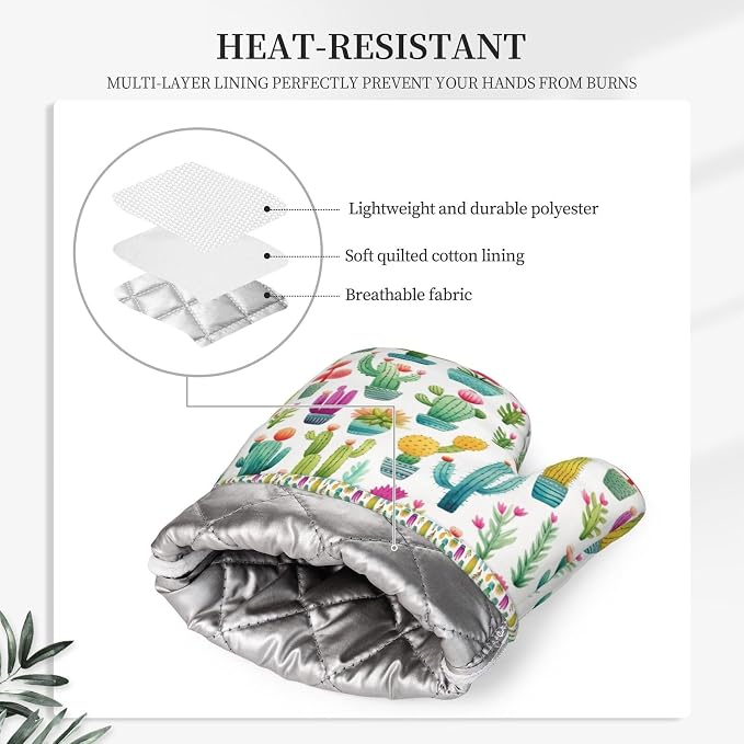 Oven Mitts and Pot Holders Set, Cactus Pattern Watercolor Silicone Kitchen - Image 4