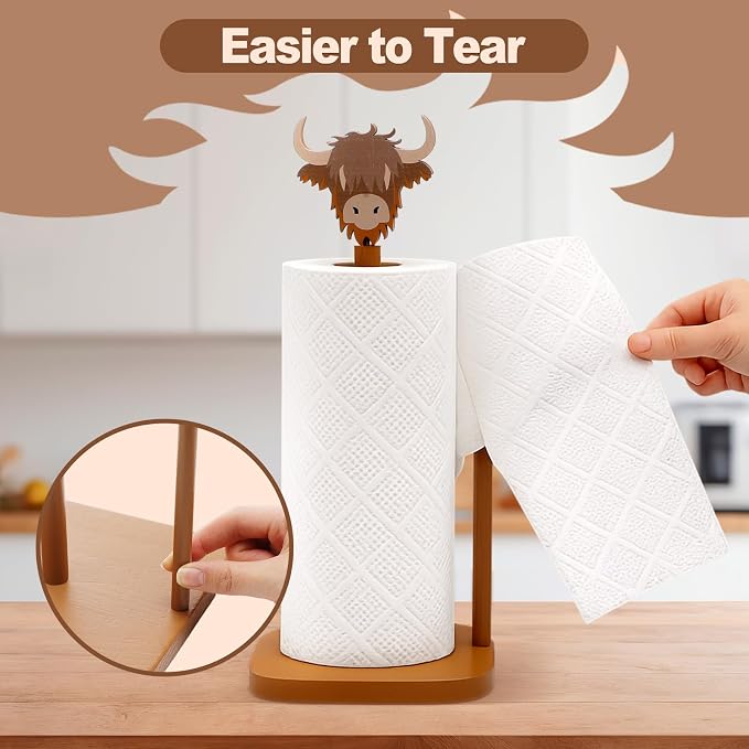 Leinuosen Brown Paper Towel Holder Cute Highland Cow Wooden Paper Towel Holder - Image 4