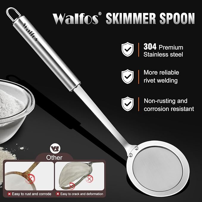 Walfos Skimmer Spoon, 304 Stainless Steel Fine Mesh Strainer, Foam Strainer Oil - Image 4