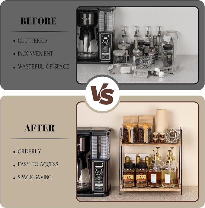 ANBOXIT Countertop Coffee Station Organizer, 2 Tier Wooden Shelf - Image 4