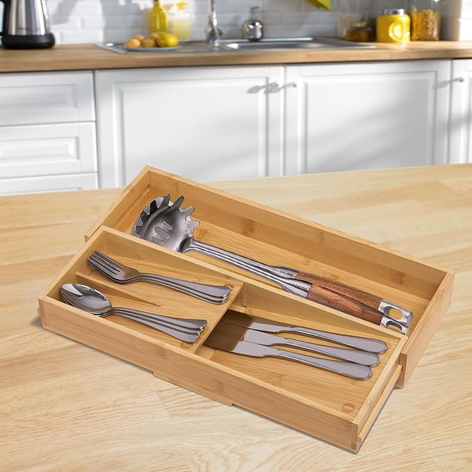 guiogc Bamboo Kitchen Drawer Organizer, Cutlery Tray - Image 6