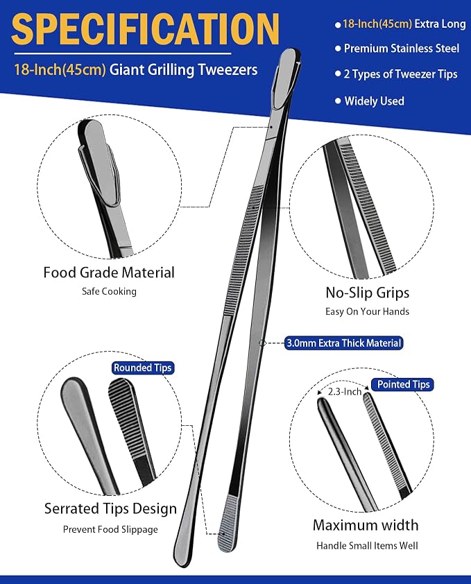 JETKONG 2 Pcs 18 Inch Stainless Steel Grill Tongs Heavy Duty Giant Tweezer Tongs - Image 2