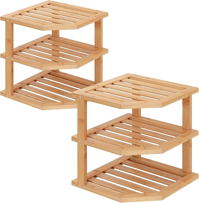 VERTORGAN 3 Tier Bamboo Corner Shelf, Plate Organizer, Dish Drying Rack by VERTORGAN