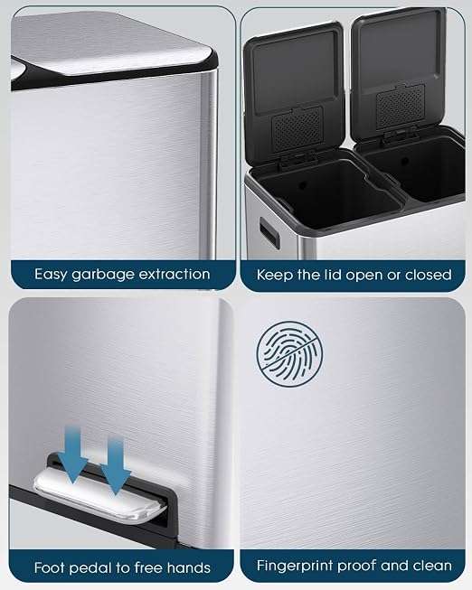 ComfyCorner 16 Gal Dual Trash Can, Stainless Steel Kitchen Garbage Bin - Image 4
