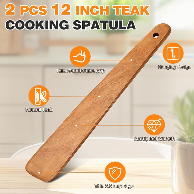 2PCS Teak Wooden Spatula for Cooking, 12 Inch Wood Spatula Turner & Egg Flipper - Image 2