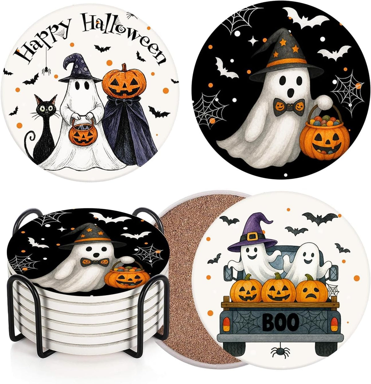 Halloween Coasters for Drinks, Set of 6, Pumpkin Ceramic Stone