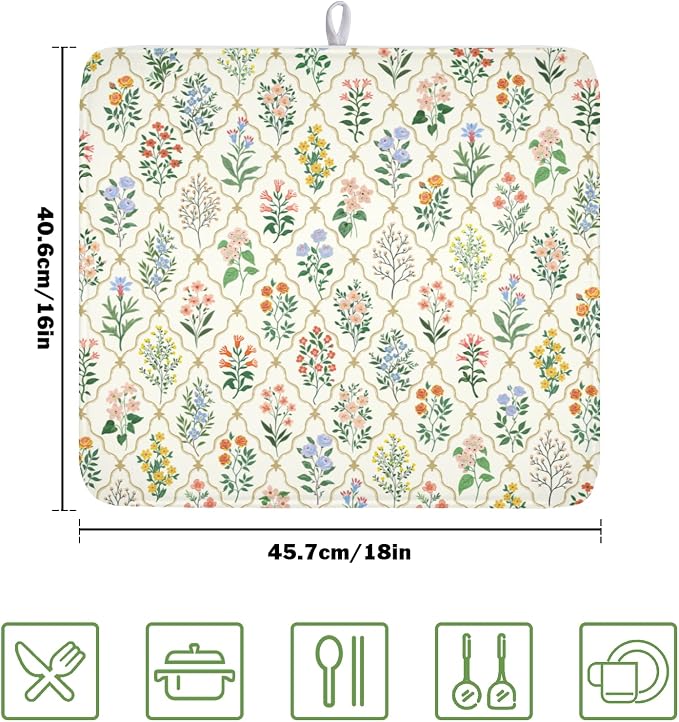 Floral Dish Drying Mat for Kitchen Counter Spring Summer Wild Flowers Diamond - Image 2