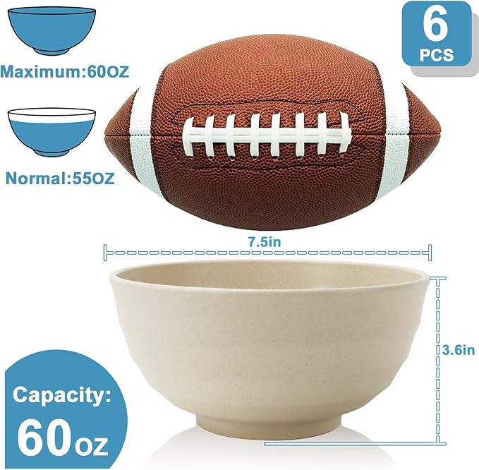Wheat Straw Bowls 60 OZ Large Salad Bowl Set of 6, Microwave and Dishwasher - Image 2