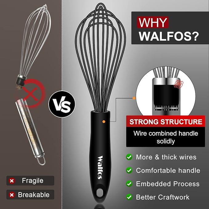 Walfos Silicone Whisk, Stainless Steel Wire Whisk Set of 3 -Heat Resistant - Image 2