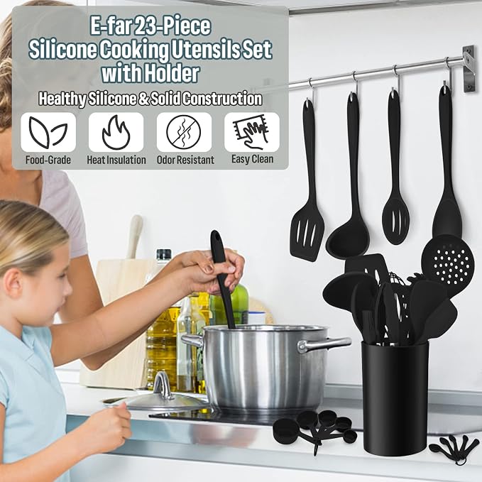 Silicone Kitchen Utensils Set, E-far 23 Pcs Black Cooking Utensils Tools - Image 6