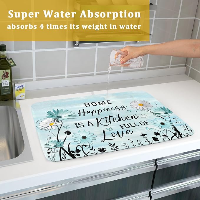 Blue Daisy Dish Drying Mat 18x24 Inch Love Kitchen Absorbent Microfiber - Image 7