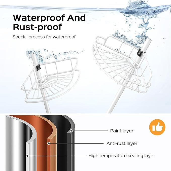 HAMITOR Corner Shower Caddy Tension Pole: Rustproof Bathroom Organizer Shelves - Image 2