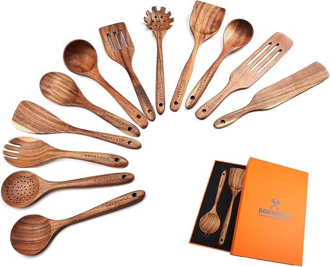 Wooden Spoons for Cooking, 12 Pack Wooden Utensils for Cooking Wooden Cooking by BOKALAKA