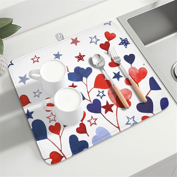 4th of July Dish Drying Mat for Kitchen Counter Patriotic Red Blue Star Love - Image 8