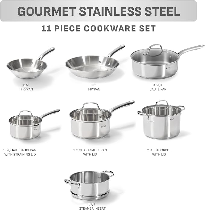 T-fal Stainless Steel Pots and Pans Set 11 Piece, Oven Broiler Safe 500F - Image 2