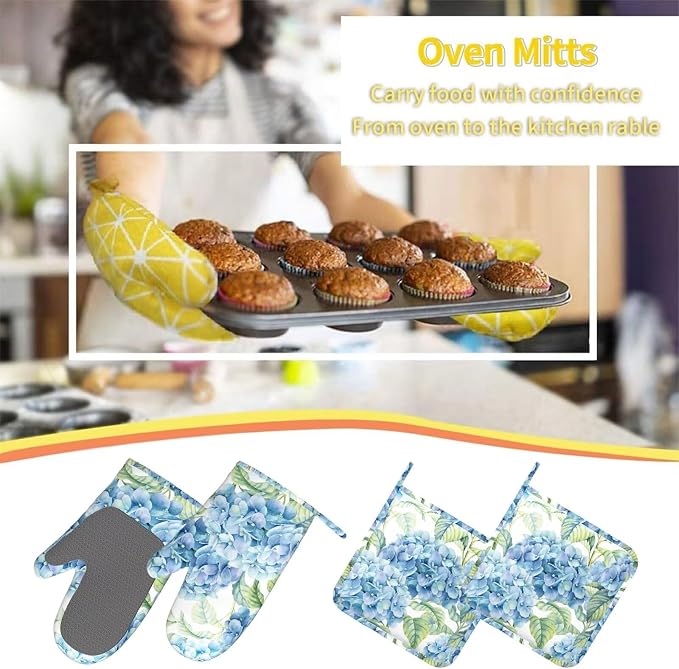 Blue Hydrangea Flowers Watercolor Oven Mitts Pot Holders Cooking Apron Set of 5 - Image 7