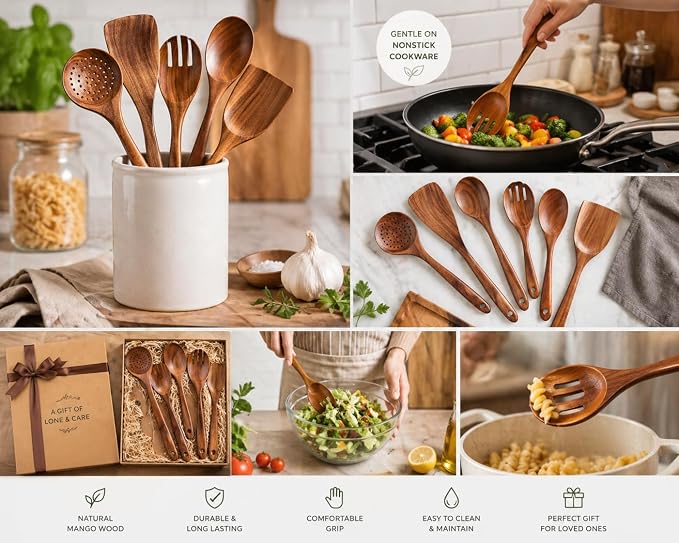 Mother’s Day Wooden Spoons for Cooking Set of 6, Handmade Mango Wood Kitchen - Image 2