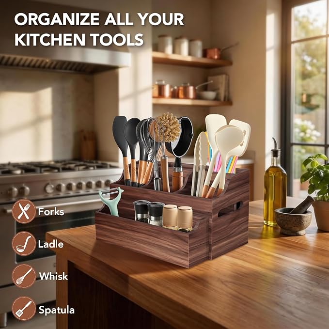 Wooden Kitchen Utensil Holder for Countertop, Large Utensil Organizer - Image 2