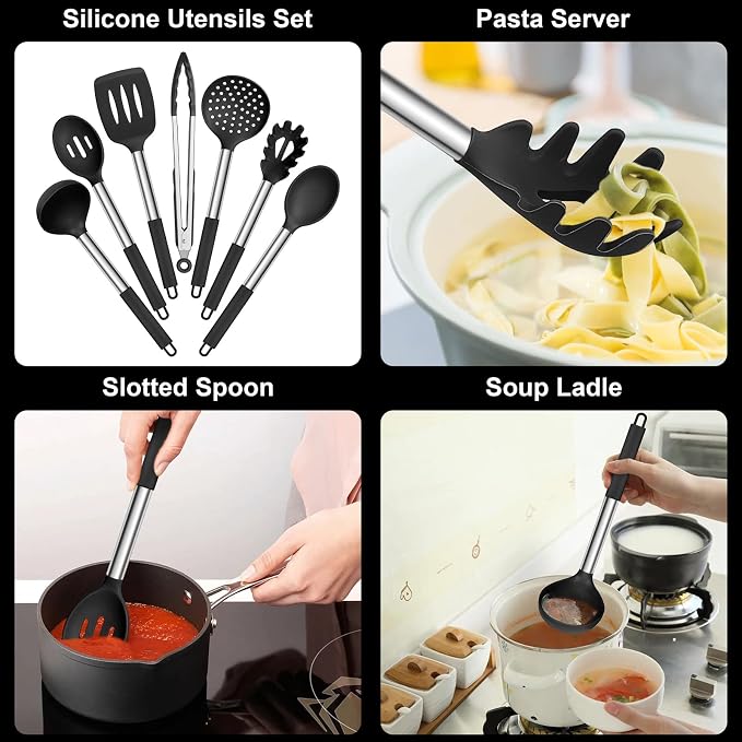 E-far Silicone Cooking Utensils Set, Slotted Turner, Soup Ladle, Pasta Server - Image 3