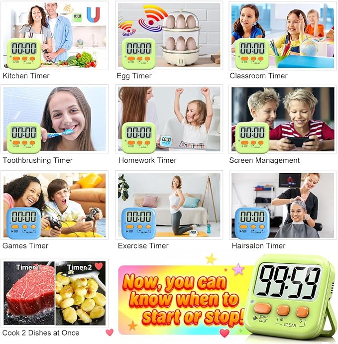 Antonki 2 Pack Digital Timer for Kids, Magnetic Countdown Kitchen Timers for - Image 7