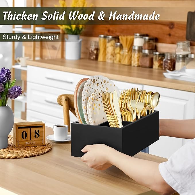 DRASTAR Paper Plate Dispenser, Wooden Utensil Caddy Organizer, Large Silverware - Image 2