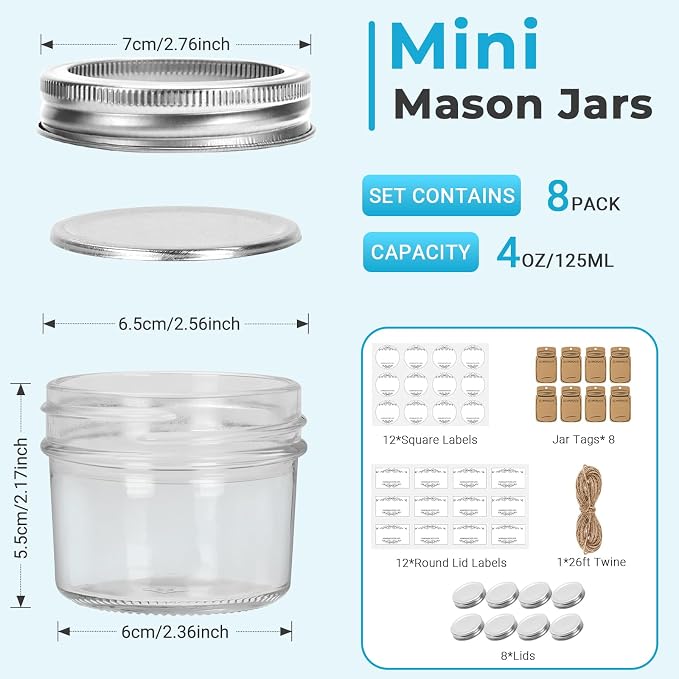 Eathtek Small Mason Jars 8 Pack, 4oz/120ml Mini Canning Jars - Image 2