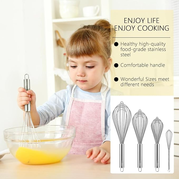 HOTEC 4 Pieces Stainless Steel Whisks Set Wire Whisk Balloon Whisk Egg Beater - Image 2