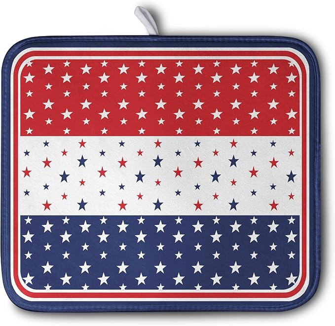 4th of July Dish Drying Mat for Kitchen Counter Patriotic Red White Blue Stars by Kwlegh