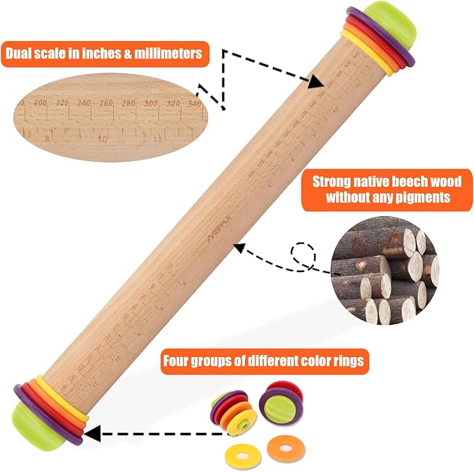 Rolling Pin with Thickness Rings and Pastry Baking Mat, 13.6" Adjustable Wooden - Image 8