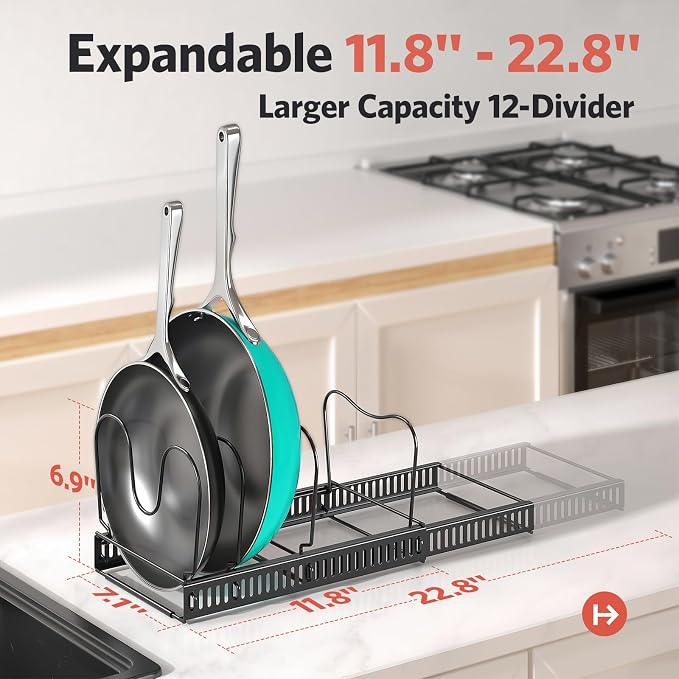 ORDORA Pots and Pans Organizer Under Cabinet, Expandable 11.8"-22.8" Pot Lid - Image 3