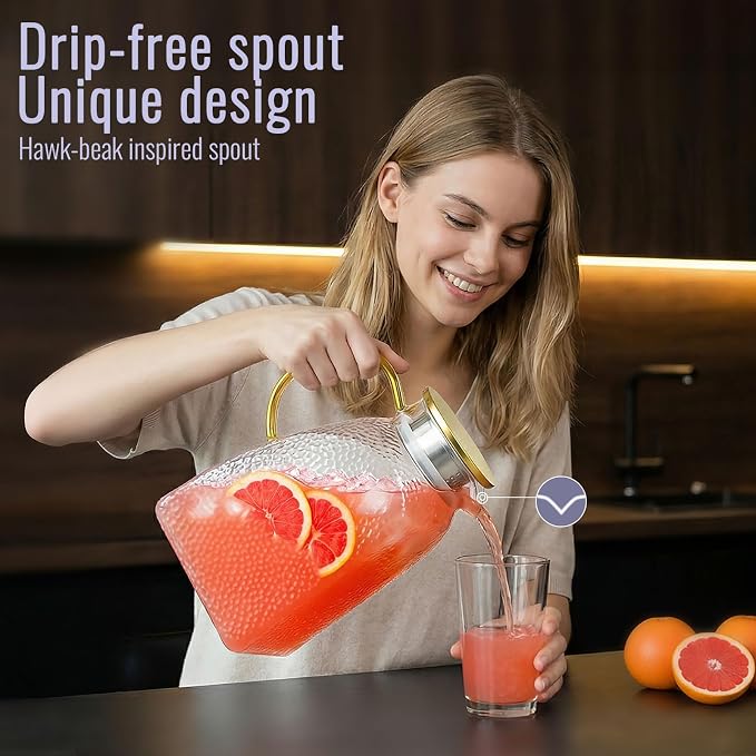 Glass Pitcher With Lid and Spout, 1.8 Liter 60 oz Glass Pitchers With Handle - Image 4