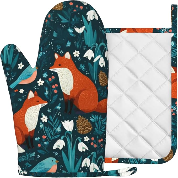 Forest Fox Animal Oven Mitts and Pot Holders Sets Green Floral Silicone Kitchen - Image 2
