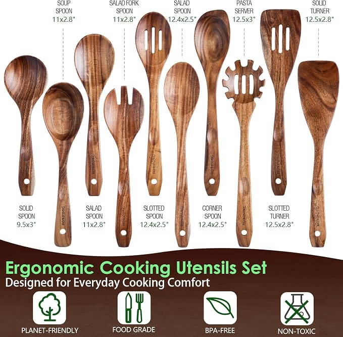 HOWHONG Wooden Cooking Utensils Set, Acacia Wood Wooden Spoons - Image 2
