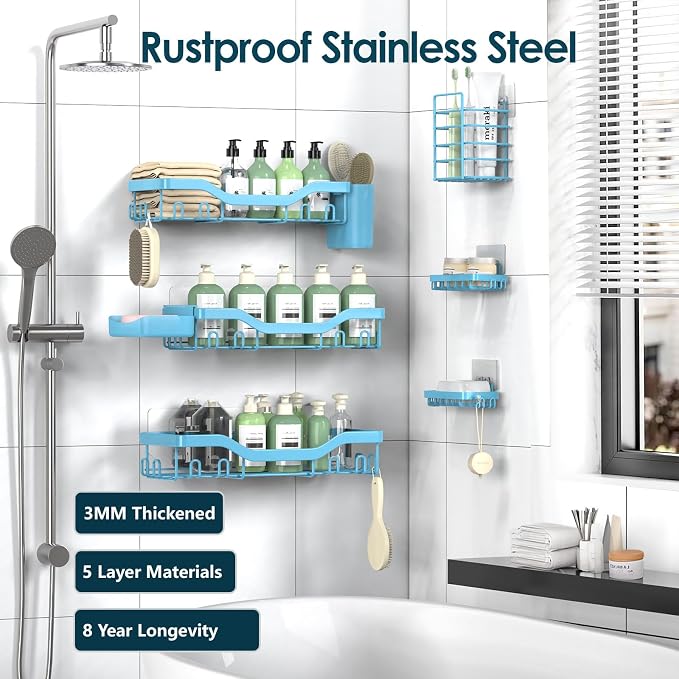 NESOMI Shower Caddy Adhesive Shower Organizer 8-Pack, Rustproof Stainless Steel - Image 5